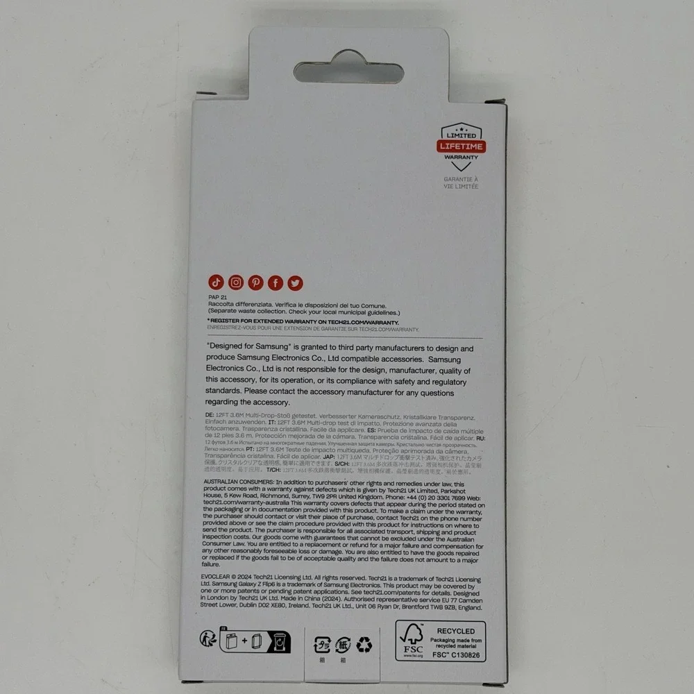 Tech21 EvoClear Phone Case Clear 12' Drop Protection For Samsung Galaxy Z Flip6